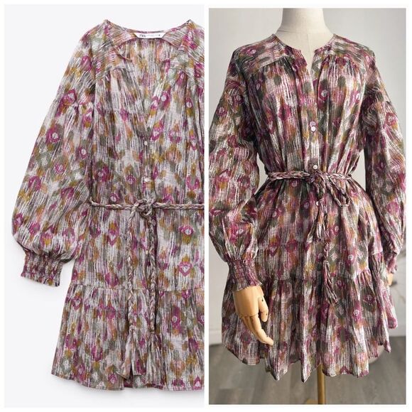 ZARA WOVEN BELTED PRINTED DRESS - Picture 1 of 6